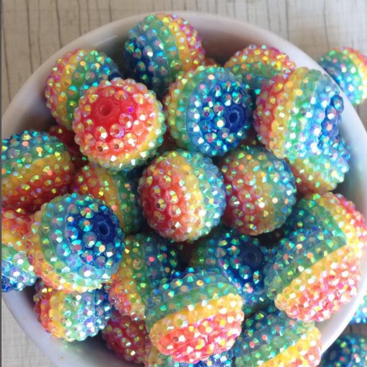 Rhinestone Bubblegum Beads 10-22mm Rainbow Striped Resin Chunky 5pcs 2
