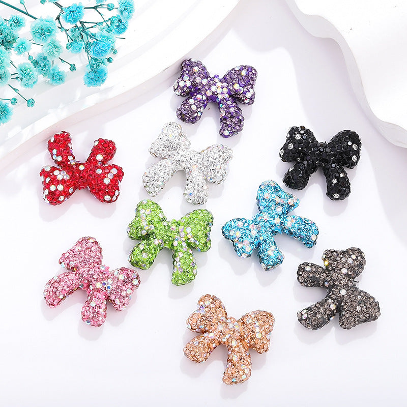 Rhinestone Bow Clay Beads 28mm Colorful Sparkle 5pcs