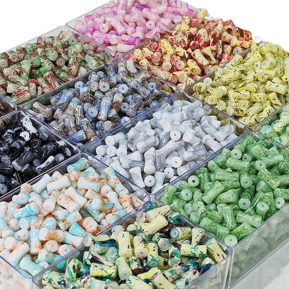 Painted Bamboo Tube Glass Beads 6X12mm Marbled Earth Tone 50pcs 5