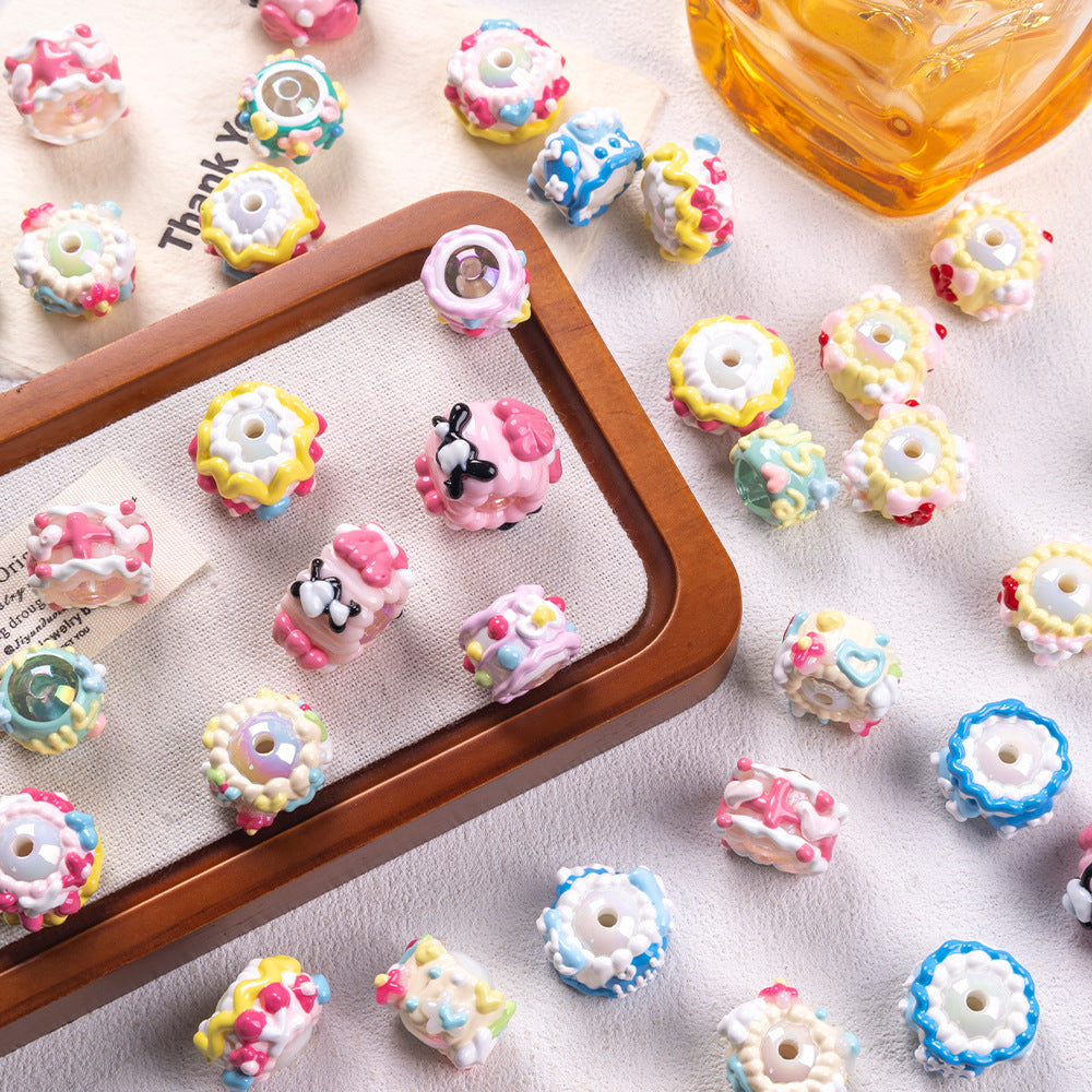 Hand Painted Cake Acrylic Beads 18mm Glossy Pastel Enamel 5pcs 3