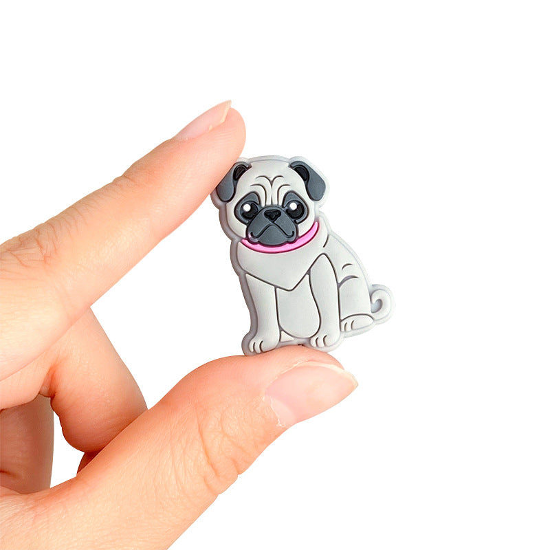 Silicone Focal Beads Pug Dog Sitting Pose with Pink Collar 20pcs 2