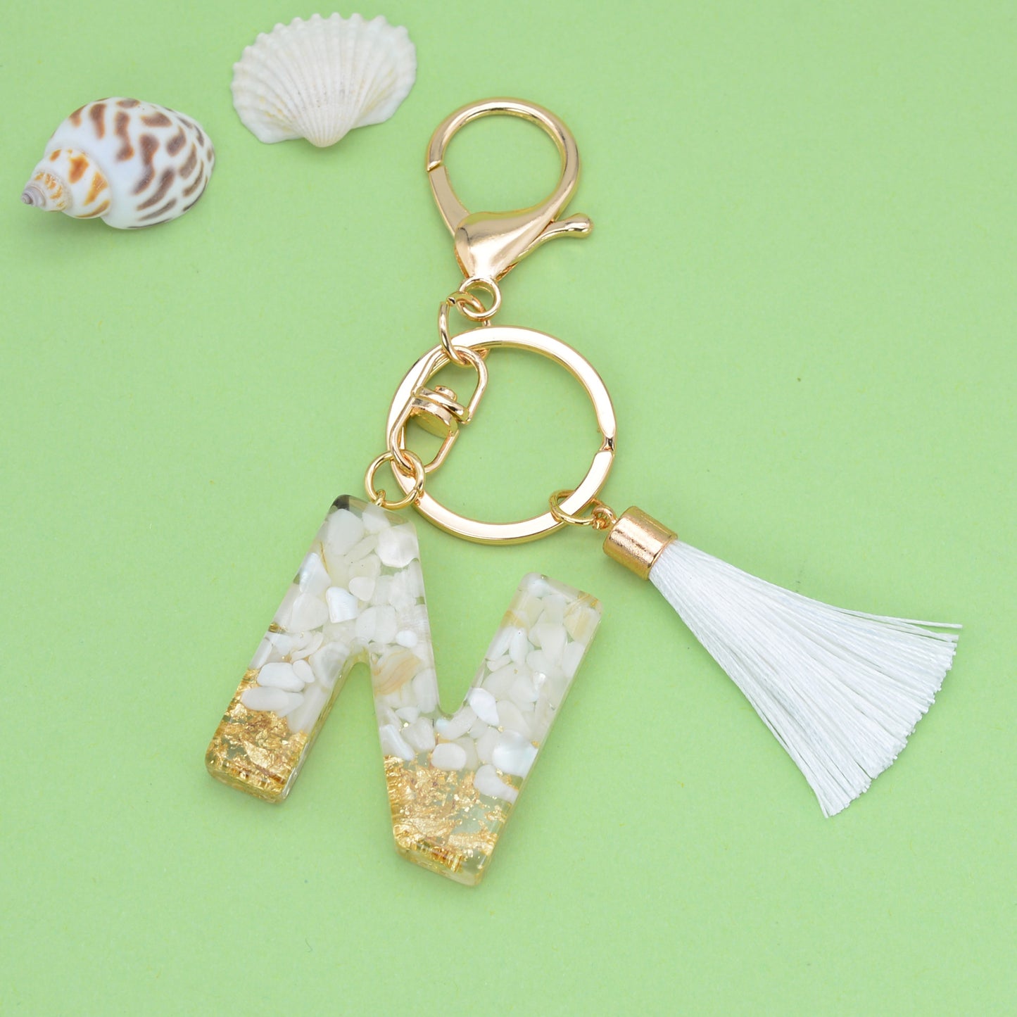 Tassel Letter A Keychain Resin Gold Flakes White Tassel 43
