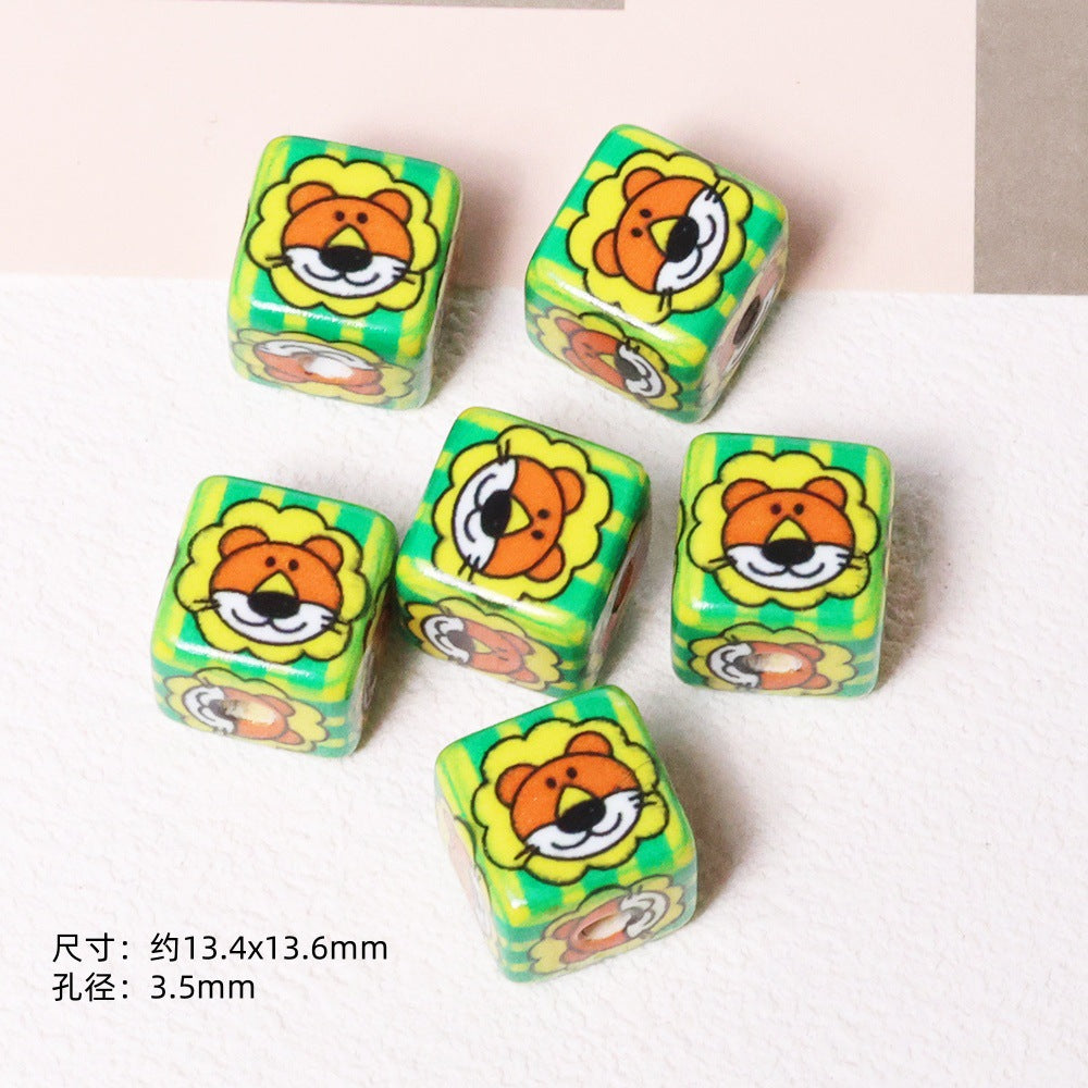 Cheerful Cartoon Animal Printed Acrylic Square Beads 13mm 20pcs 3