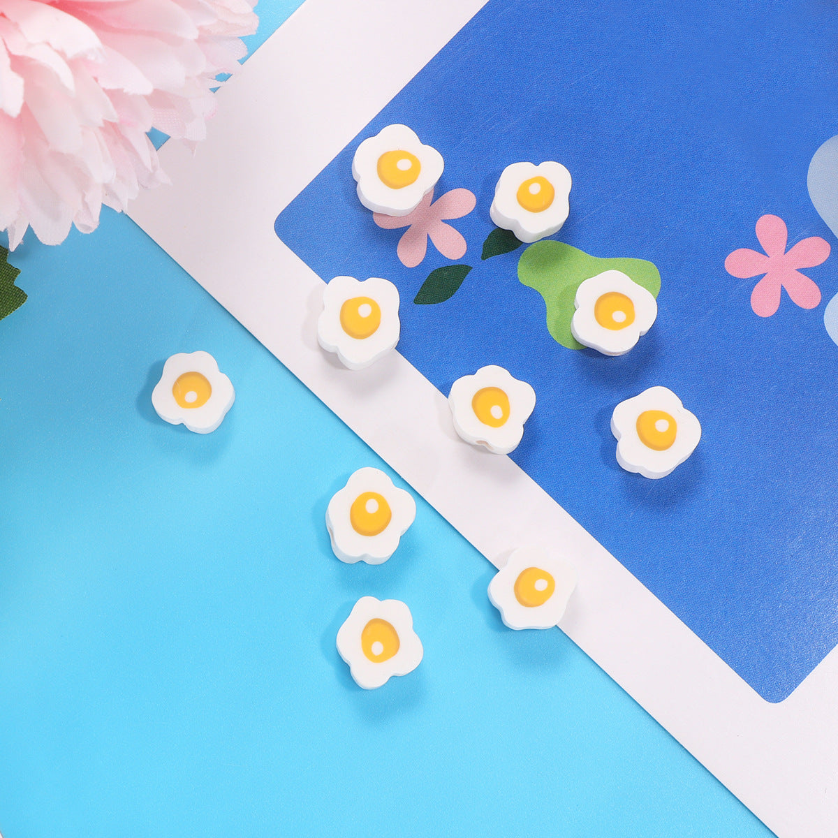 Flower Clay Beads 9mm Fried Egg Design Polymer 100pcs 2