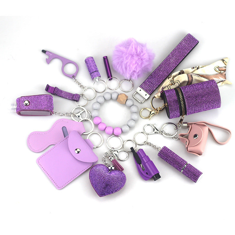 Self Defense Keychain Set Rhinestone Pom Pom Metal 15pcs