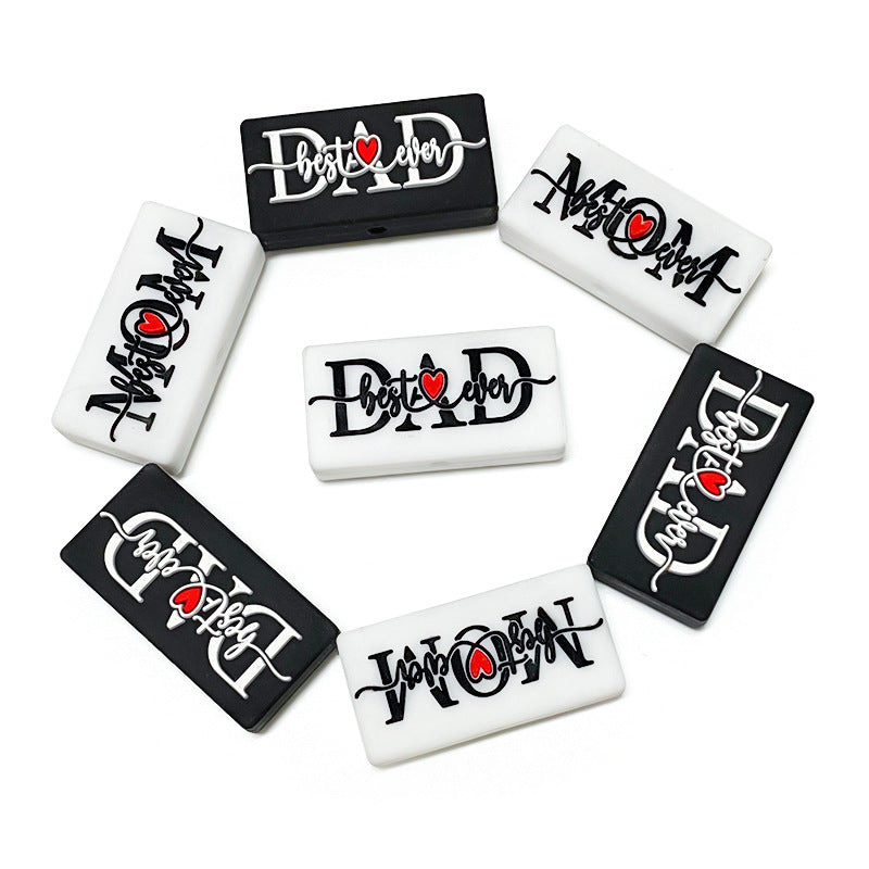 Silicone Focal Beads Love Dad Or Mom Rectangular Black White 20pcs 4