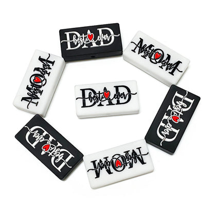 Silicone Focal Beads Love Dad Or Mom Rectangular Black White 20pcs 4