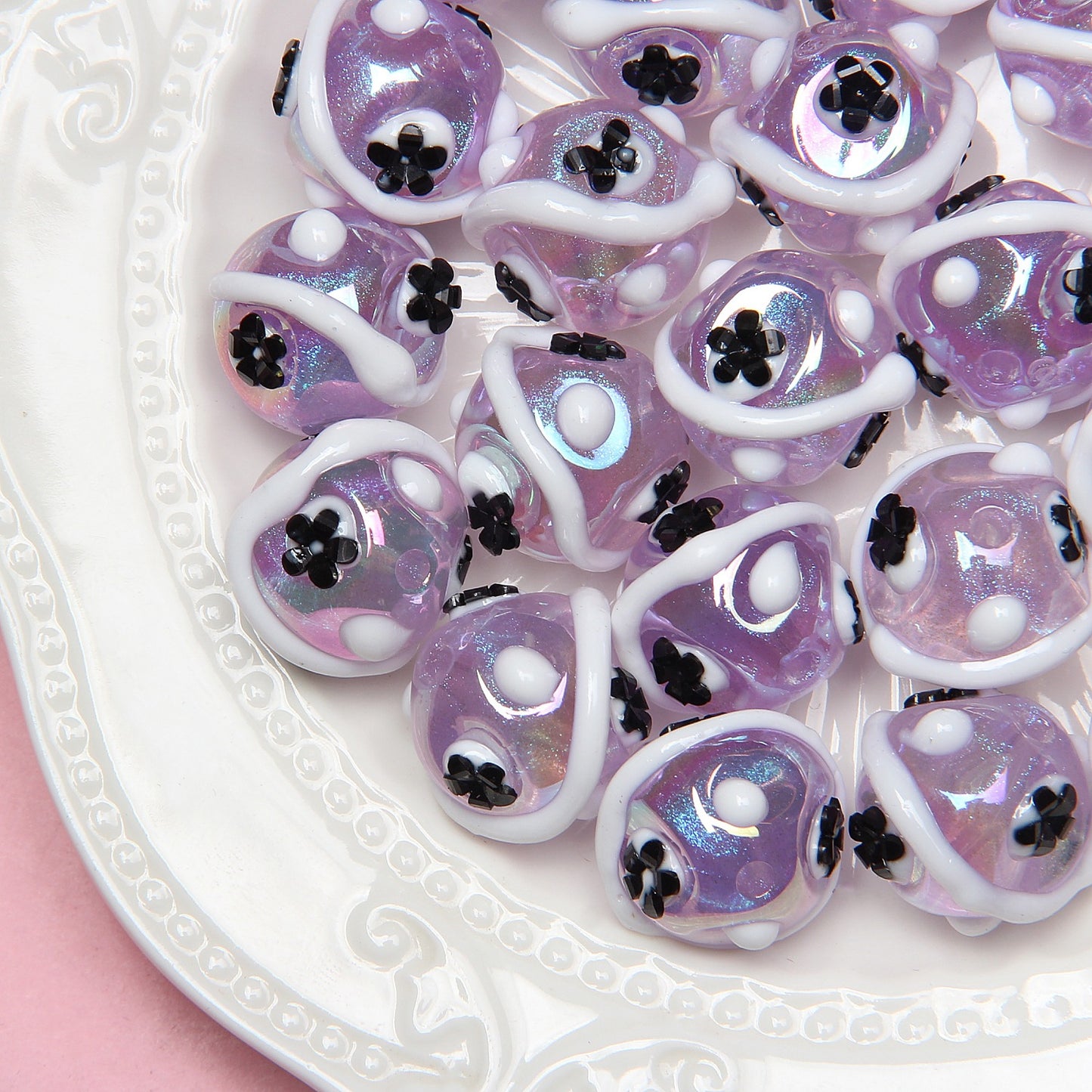 Painted Flower Acrylic Beads 16mm Round 14x18mm Square Purple Hand Painted 1pc 20