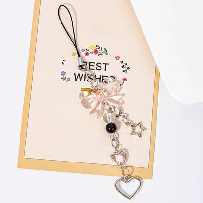 Pink Bow Phone Charm Acrylic Metal Silver Heart Beads 3pcs 6