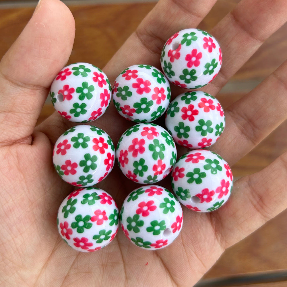 Floral Bubblegum Beads 20mm Red Green Dual Color Round 10pcs