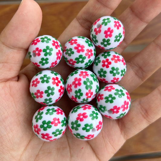 Floral Bubblegum Beads 20mm Red Green Dual Color Round 10pcs