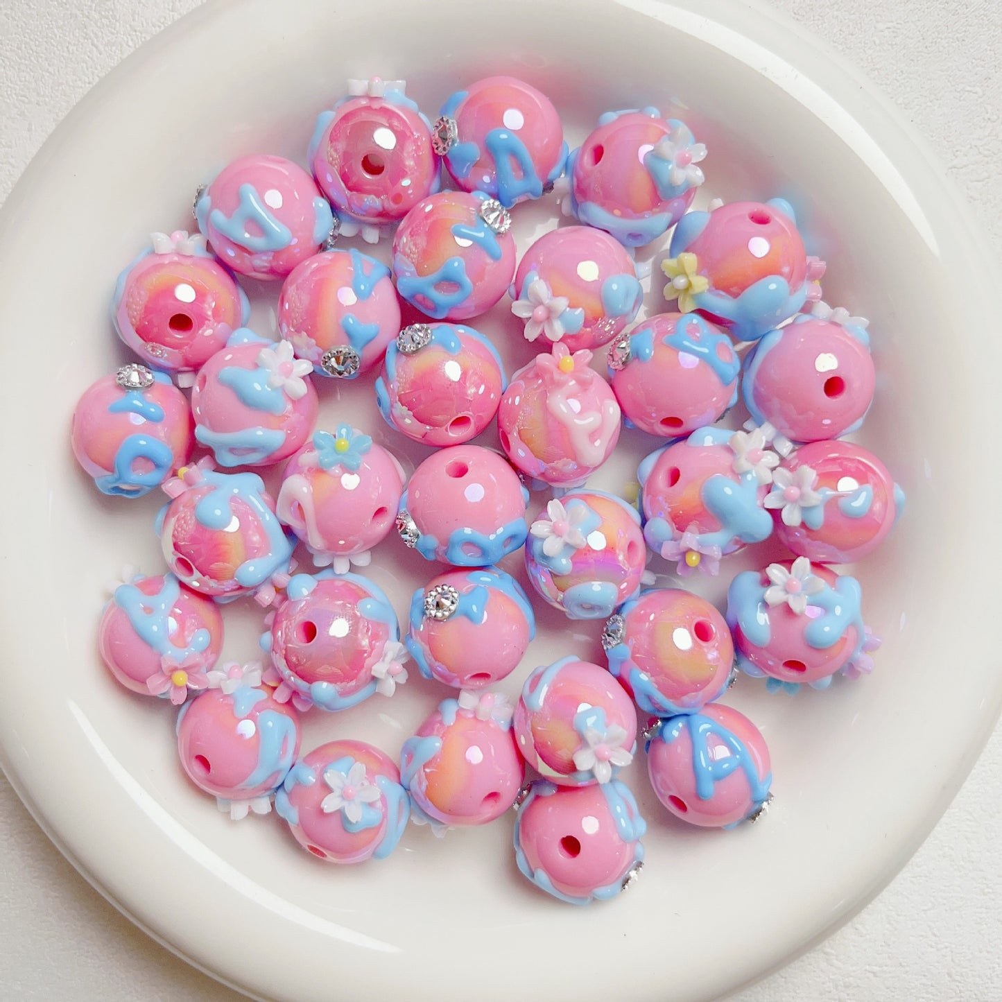 Hand Painted Rhinestone Flower Acrylic Round Beads 16mm 5pcs 18