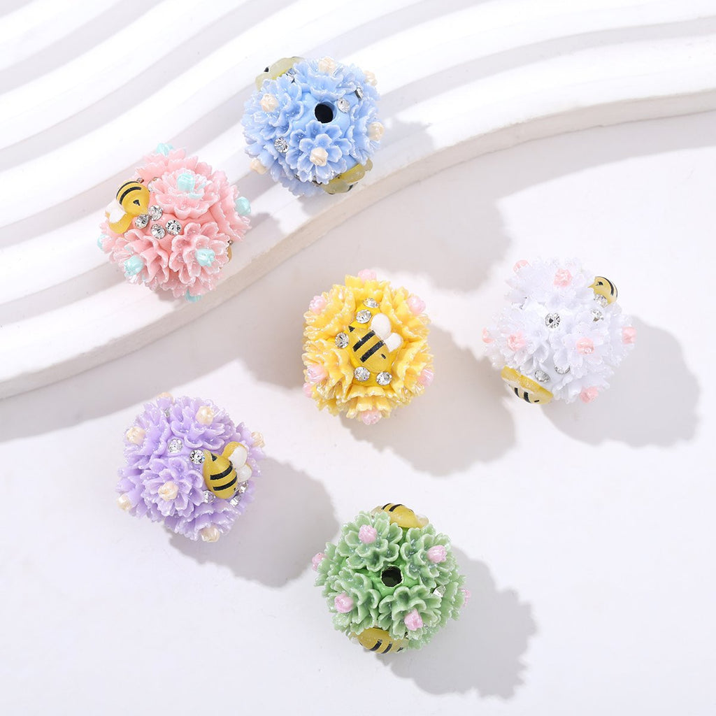 Floral Bubblegum Beads 23mm Bee Flower Ball Resin Rhinestone 3pcs 4