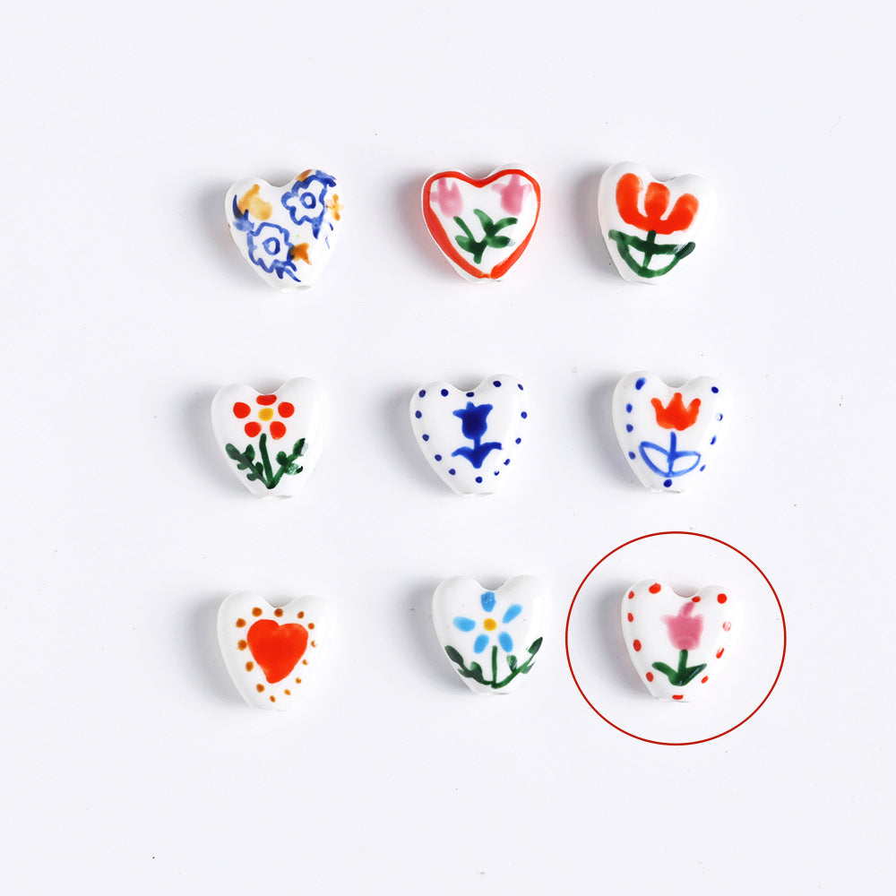 Fresh Floral Heart Ceramic Beads 15mm Hand Painted 5pcs 10