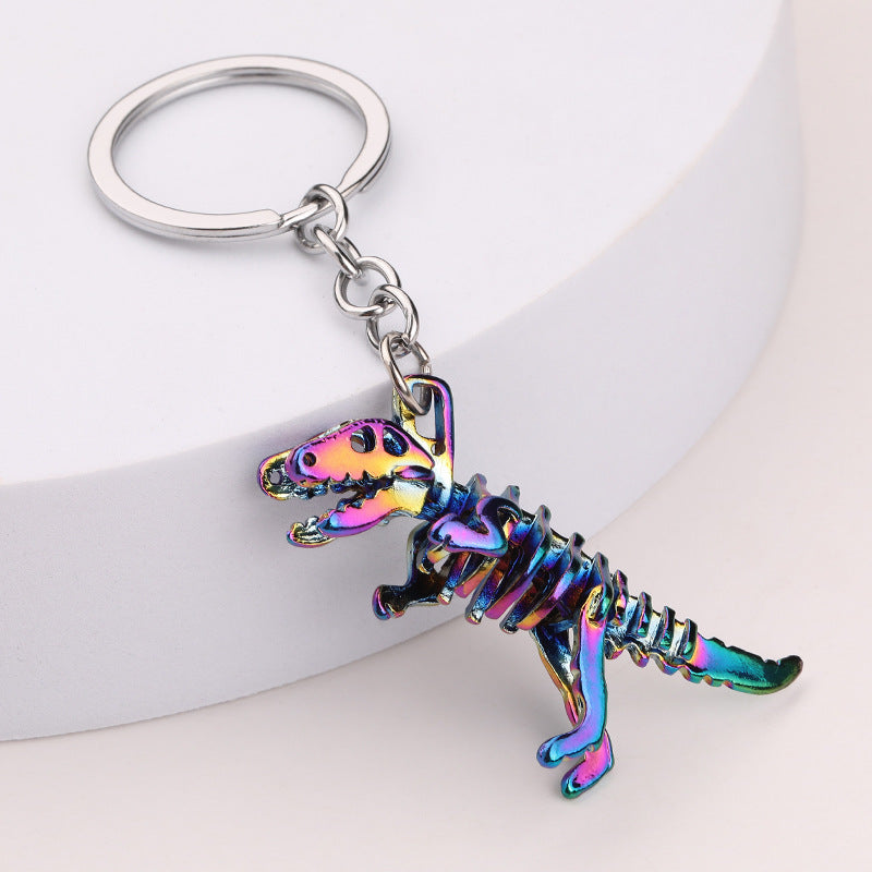 Alloy Colorful Dinosaur Keychain Metallic Rainbow Skeleton Design