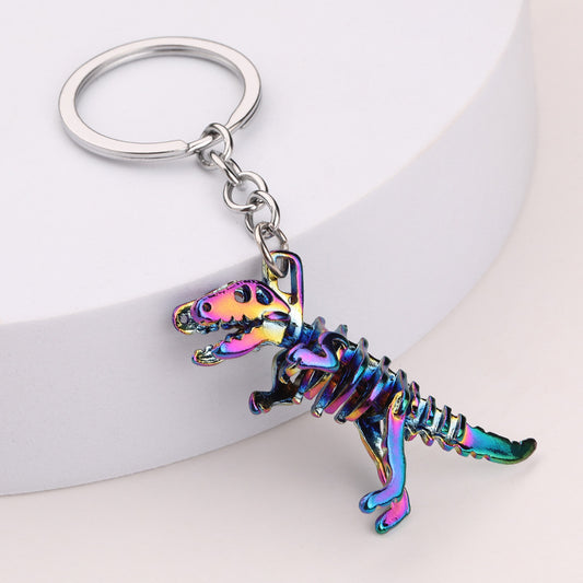Alloy Colorful Dinosaur Keychain Metallic Rainbow Skeleton Design