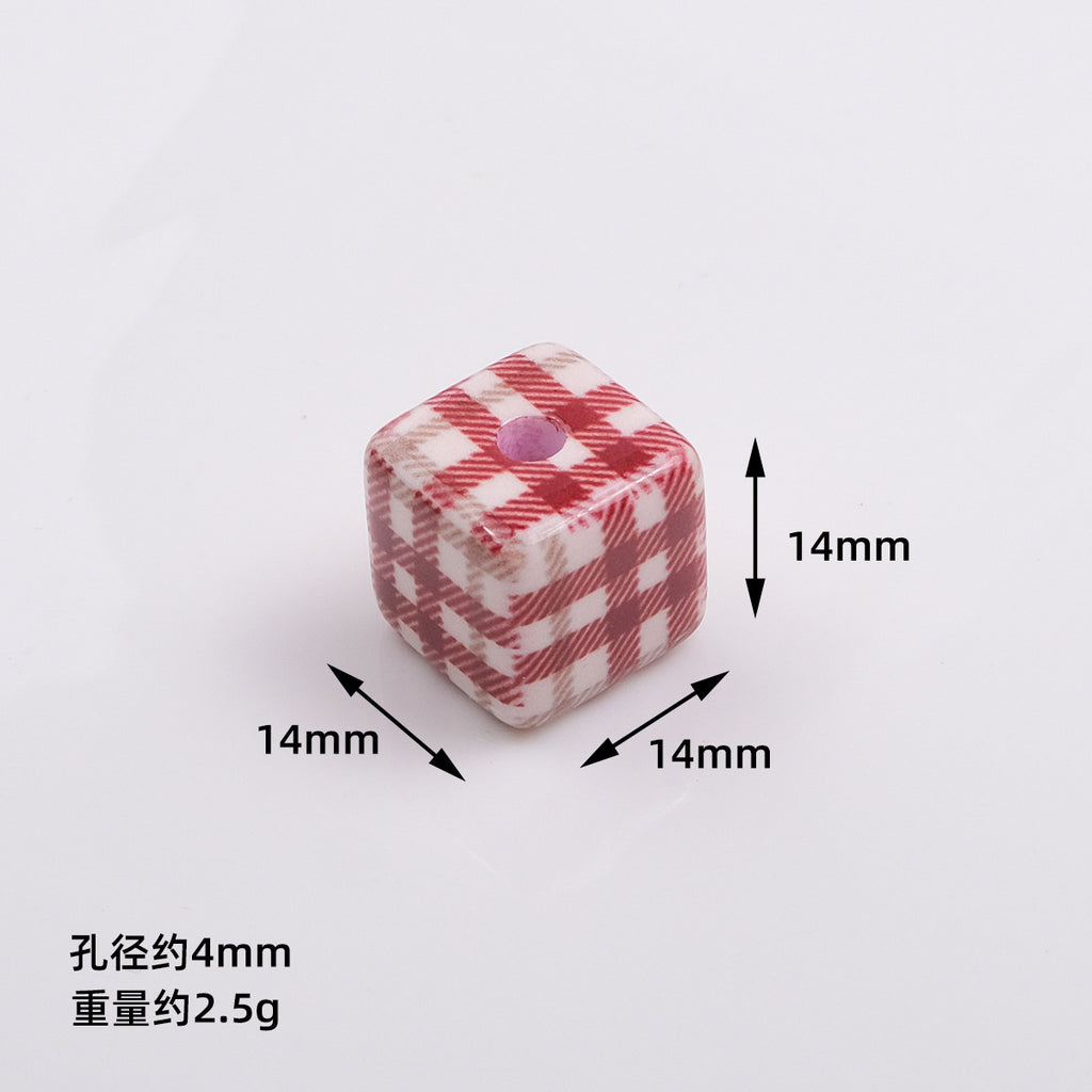 Baking Painted Square Acrylic Beads 14mm Plaid Colorful 50pcs 2