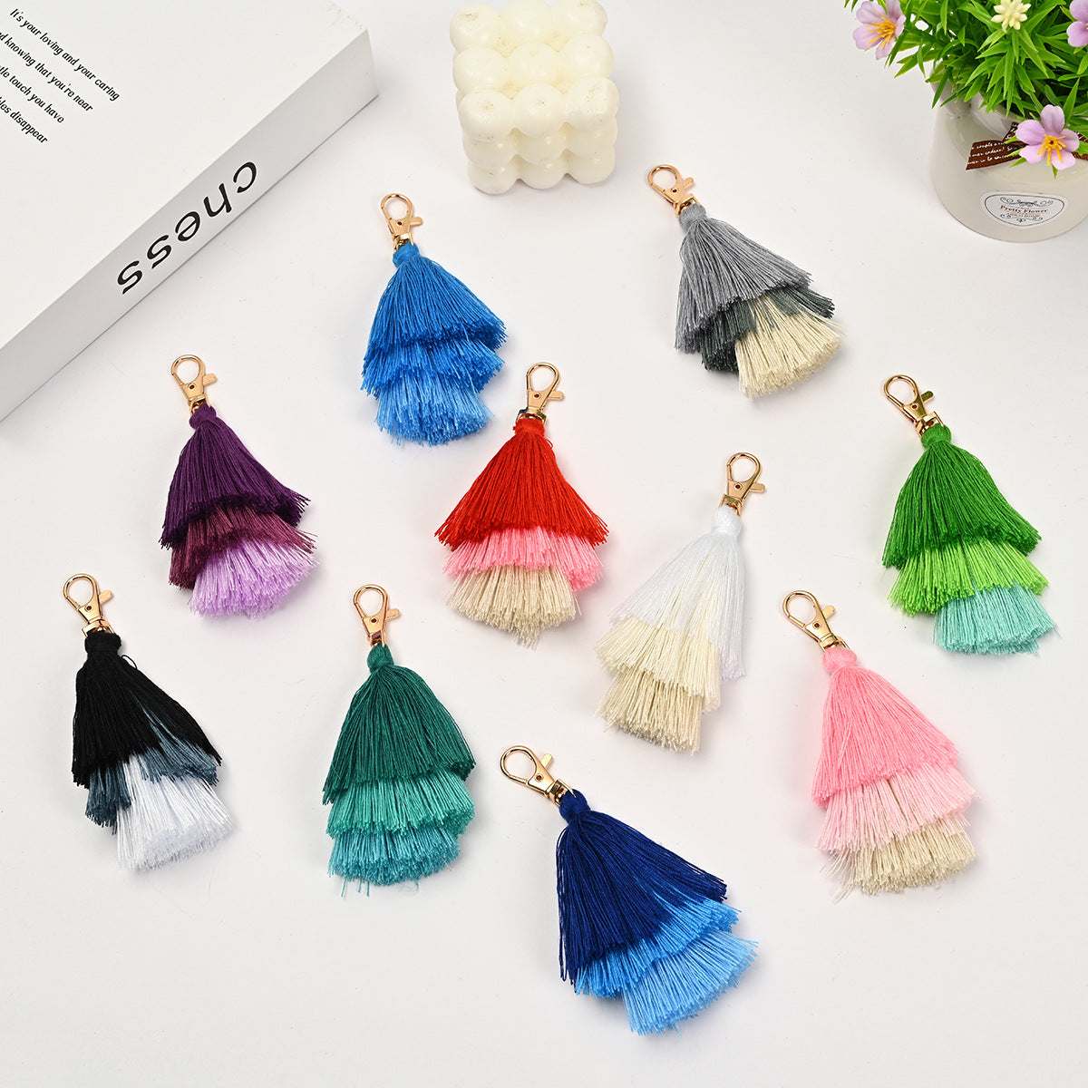 Layered Tassel Keychain Cotton Soft Texture with Metal Clasp