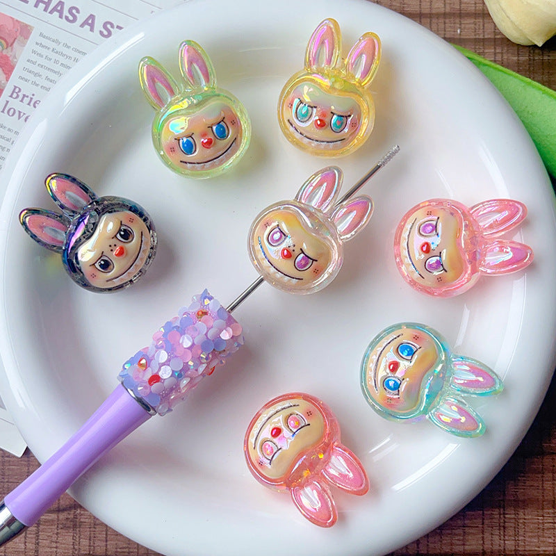 Iridescent Bunny Face Resin Beads 33mm Glossy UV Plating 5pcs 4