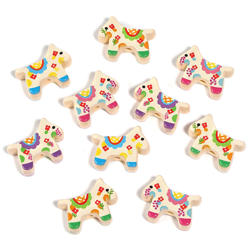 Flower Print Wooden Horse Acrylic Beads 18x23mm Colorful Floral 50pcs 6