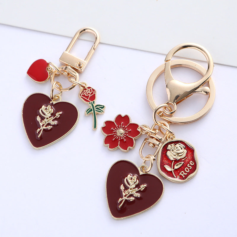 Pearl Rose Heart Flower Alloy Keychain Gold Tone Romantic Charm