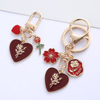 Pearl Rose Heart Flower Alloy Keychain Gold Tone Romantic Charm