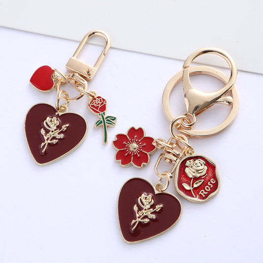 Pearl Rose Heart Flower Alloy Keychain Gold Tone Romantic Charm