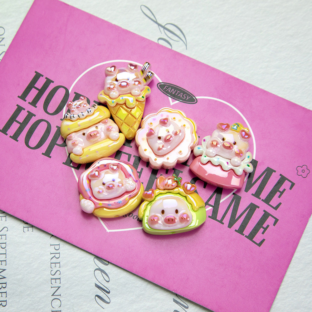 Glossy Pig Resin Beads Playful Dessert Design 10pcs