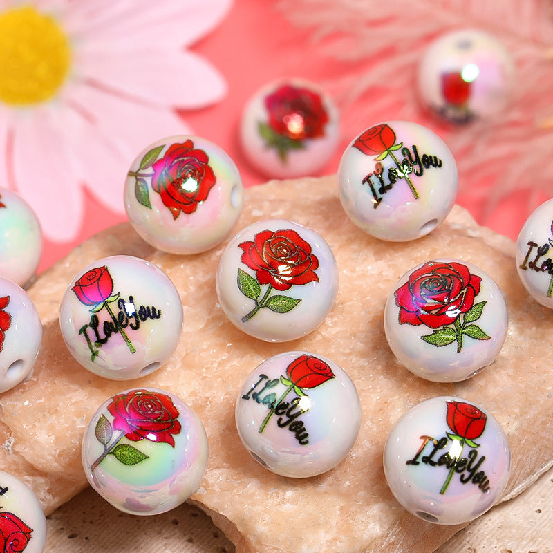 Plating Round Acrylic Beads 16mm Valentine Rose Printed 50pcs