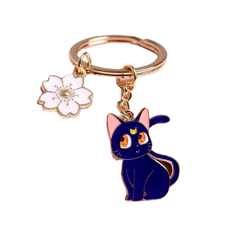 Alloy Cherry Blossom Cat Keychain Cute Enamel Feline Charm 4