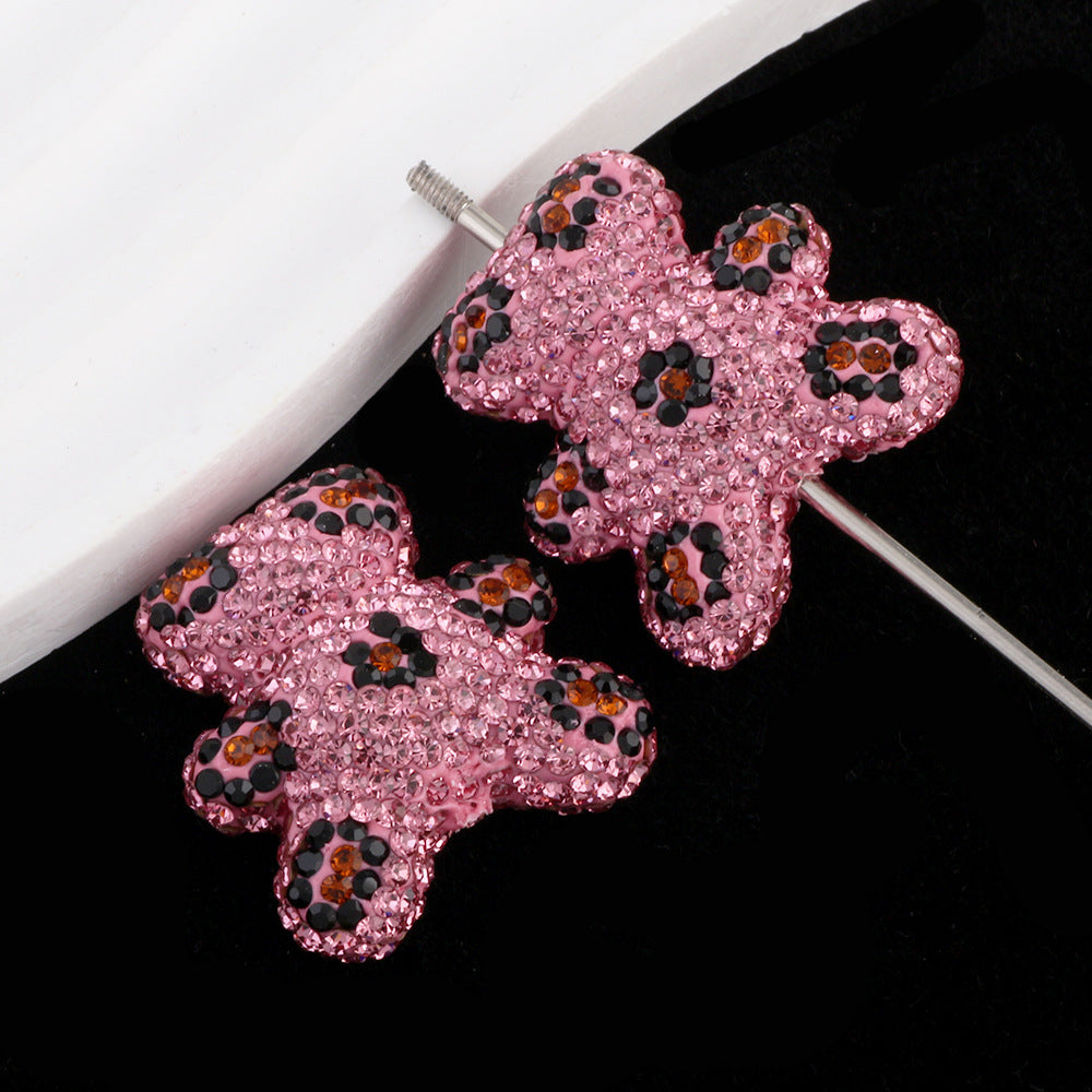 Polymer Clay Bear Rhinestone Beads 30mm Leopard Print Chunky 6pcs 9