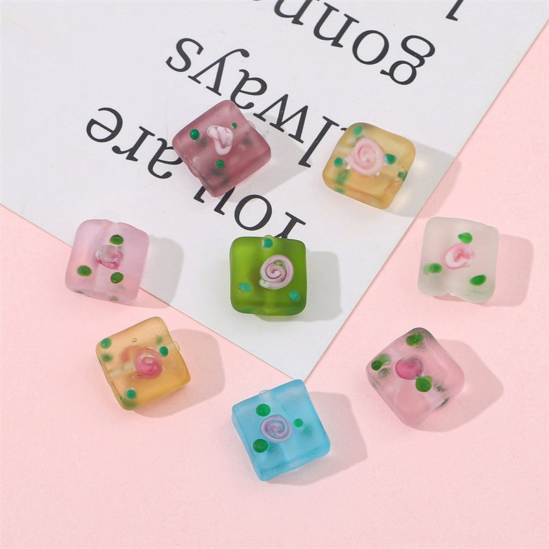 Frosted Square Glass Beads 12mm Hand-Painted Rose Design 4pcs 2