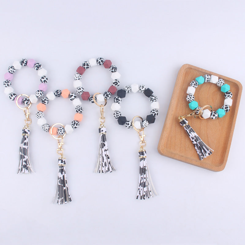 Leopard Print Silicone Bead Tassel Wristlet Keychain