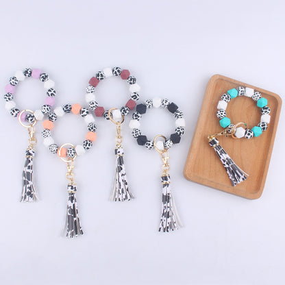 Leopard Print Silicone Bead Tassel Wristlet Keychain