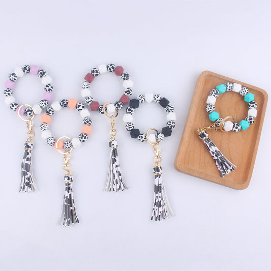 Leopard Print Silicone Bead Tassel Wristlet Keychain