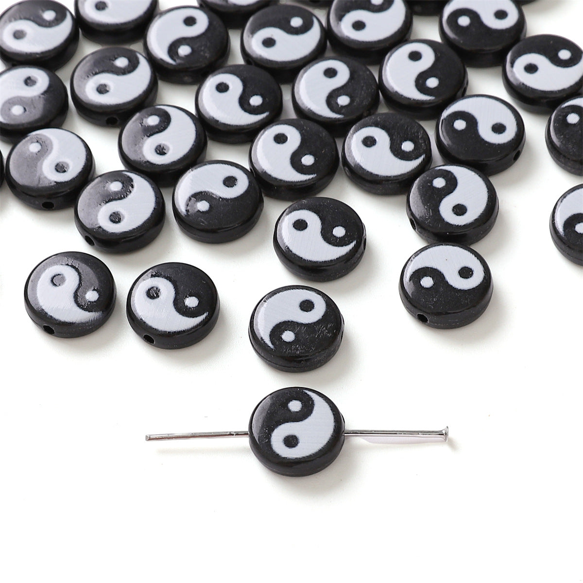 Tai Chi Flat Acrylic Beads 7-13mm Black White Color Printing 5pcs 7