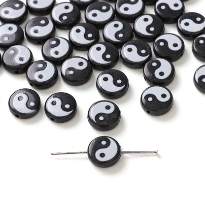 Tai Chi Flat Acrylic Beads 7-13mm Black White Color Printing 5pcs 7