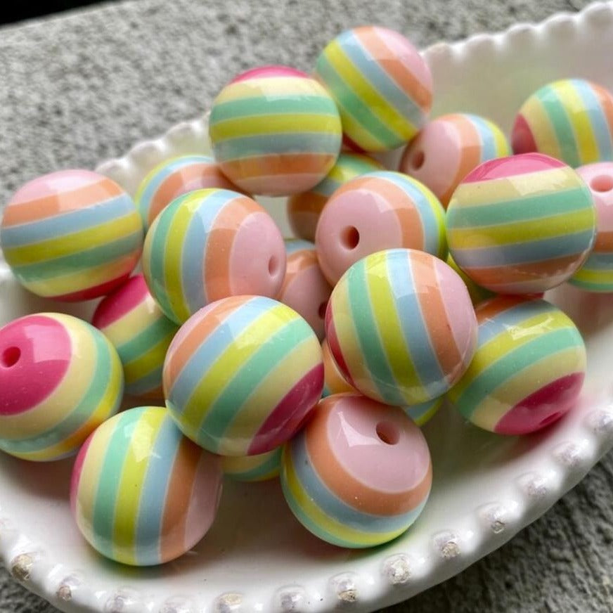 Striped Bubblegum Beads 20mm Rainbow Glossy Resin Round 10pcs