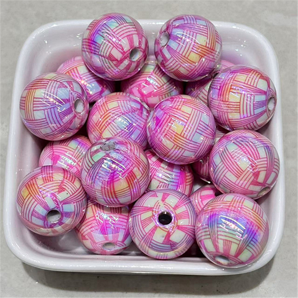 Plating Round Acrylic Beads 16mm UV Woven Plaid Pattern 100pcs 7