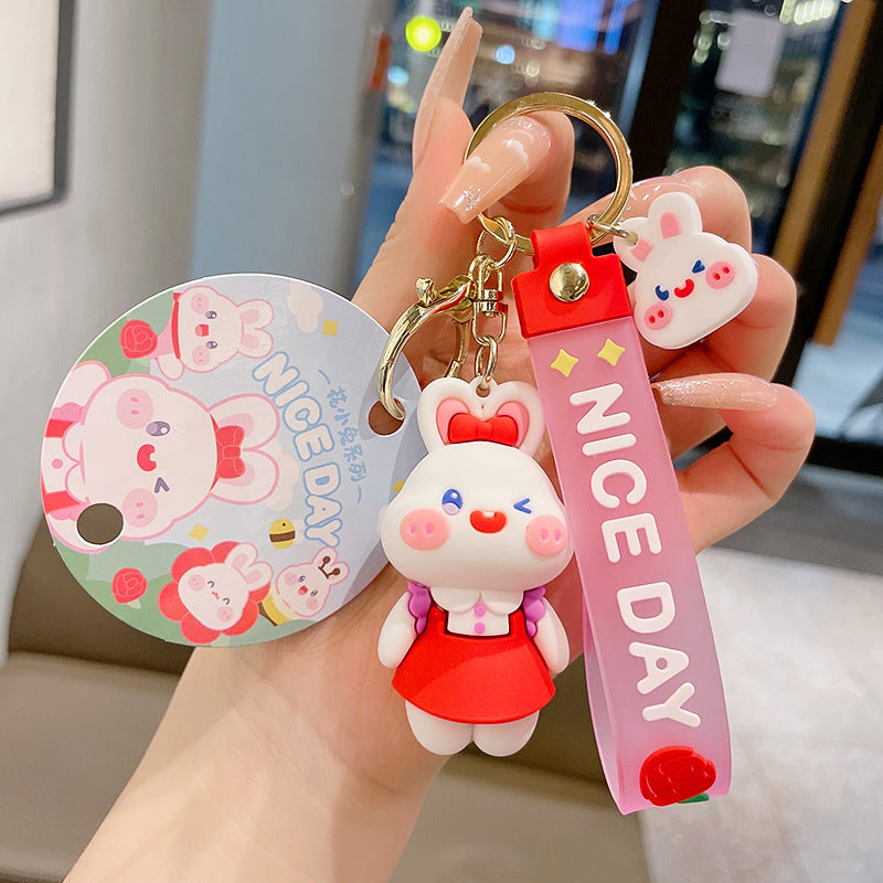 PVC Flower Bunny Keychain Cute Rabbit Charm with Nice Day Strap 6