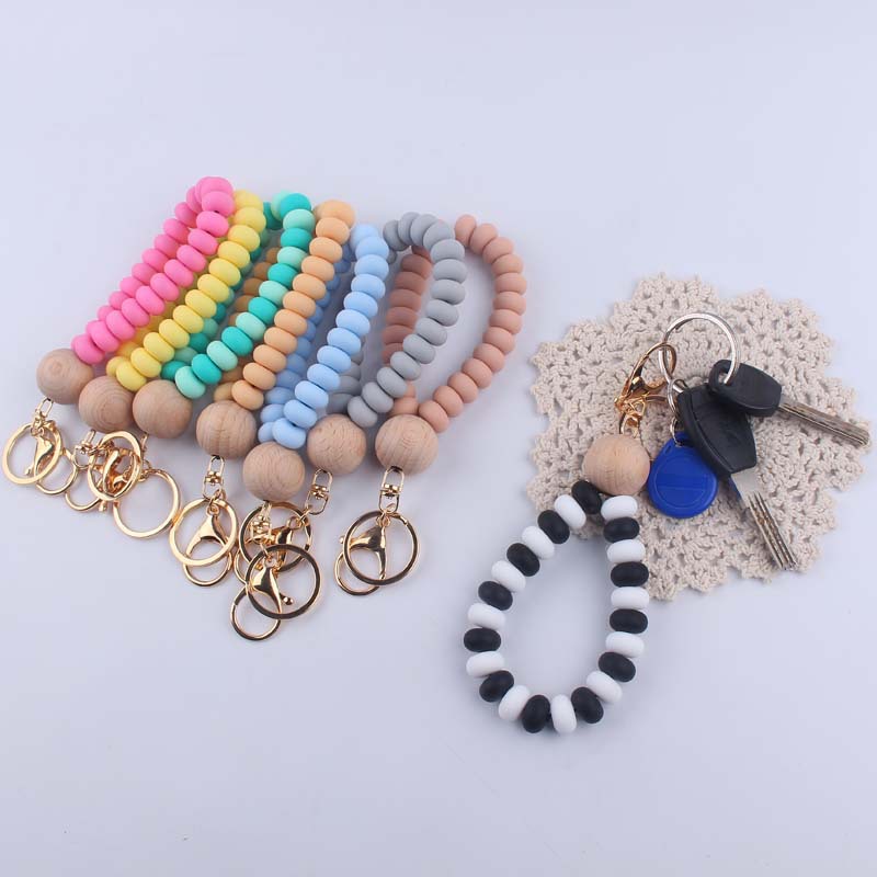 Silicone Beaded Flat Wristlet Keychain with Wood Accent 2