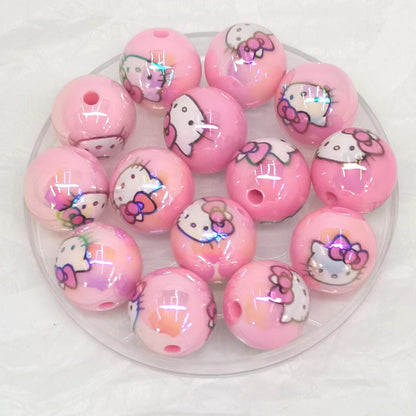 UV Plating Round Acrylic Beads 16mm Hello Kitty Printed 100pcs 5