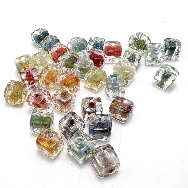 Lampwork Glass Beads Square 9.6x10.6mm Ripple Texture Dyed Core 10pcs 14