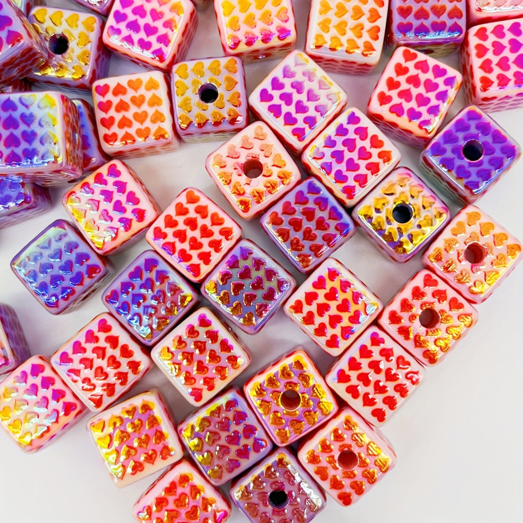 Plating Heart Acrylic Square Beads 15mm Glossy Pattern 50pcs