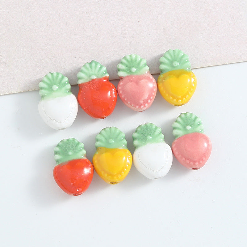 Hand Painted Heart Pineapple Ceramic Beads 15mm Glossy Pastel 10pcs 3