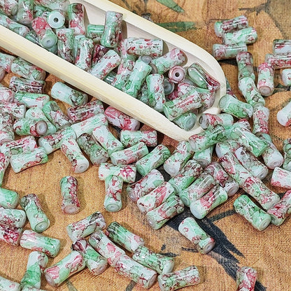 Painted Bamboo Tube Glass Beads 6X12mm Marbled Earth Tone 50pcs 10