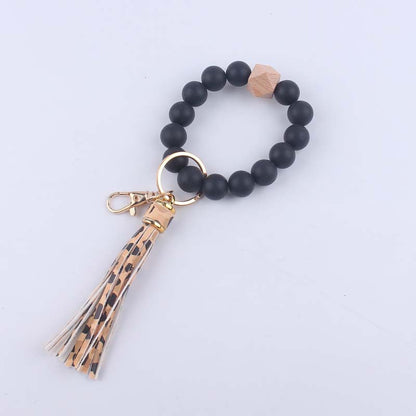 Octagonal Silicone Bead Wristlet Keychain Matte Beech Wood Tassel 15