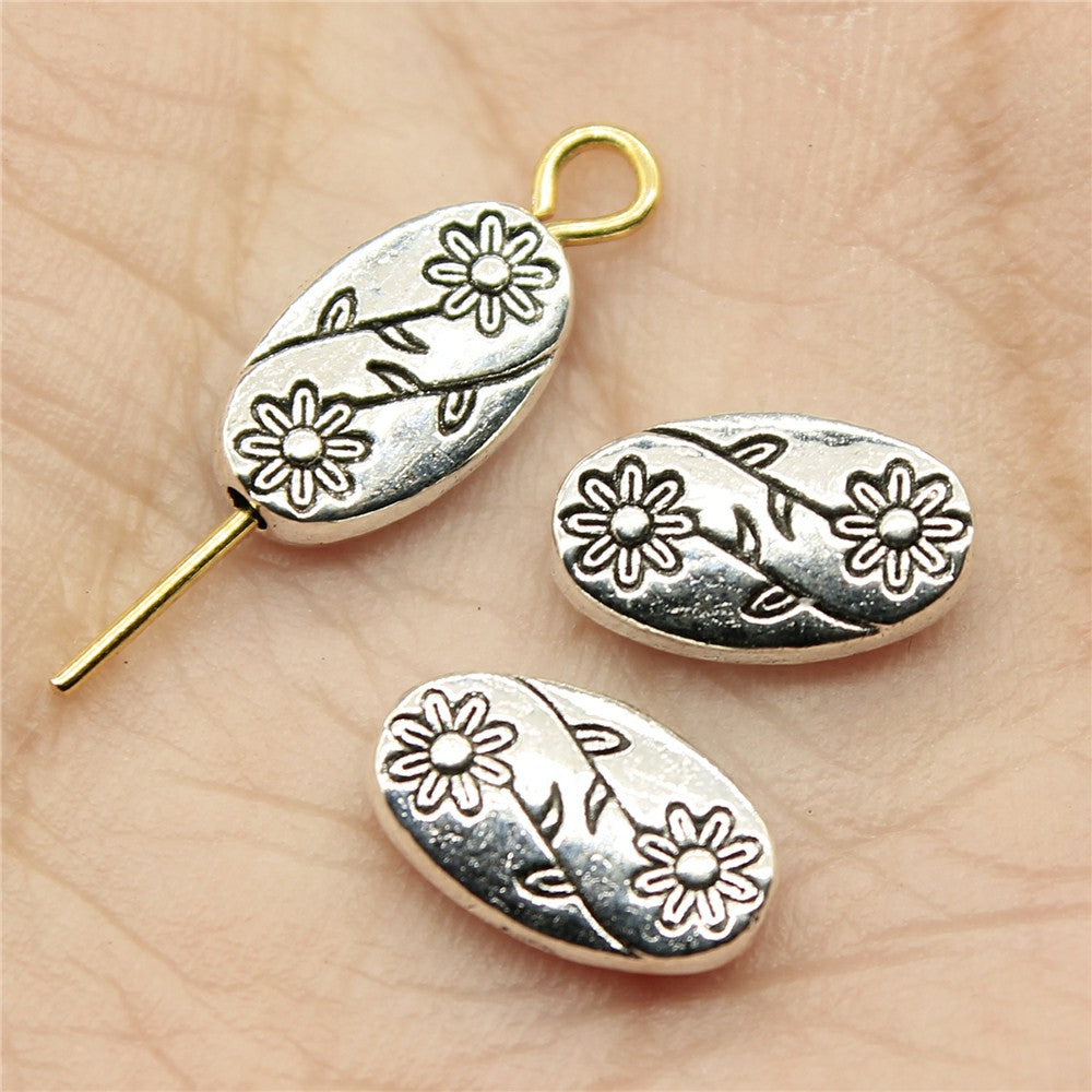 Oval Flower Engraving Metal Beads 10mm Antique Silver Tone 60pcs