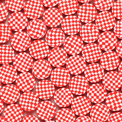 Flat Clay Beads 9mm Red Checkered Pattern Polymer 100pcs