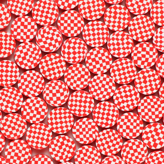 Flat Clay Beads 9mm Red Checkered Pattern Polymer 100pcs